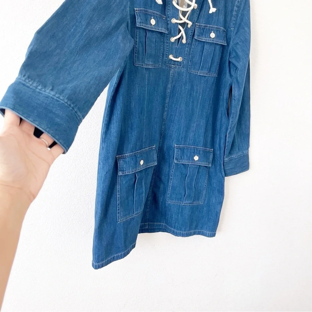 J.Crew Harbor Indigo Denim Lace-Up Front Casual Utility Pockets 90s Mini Dress